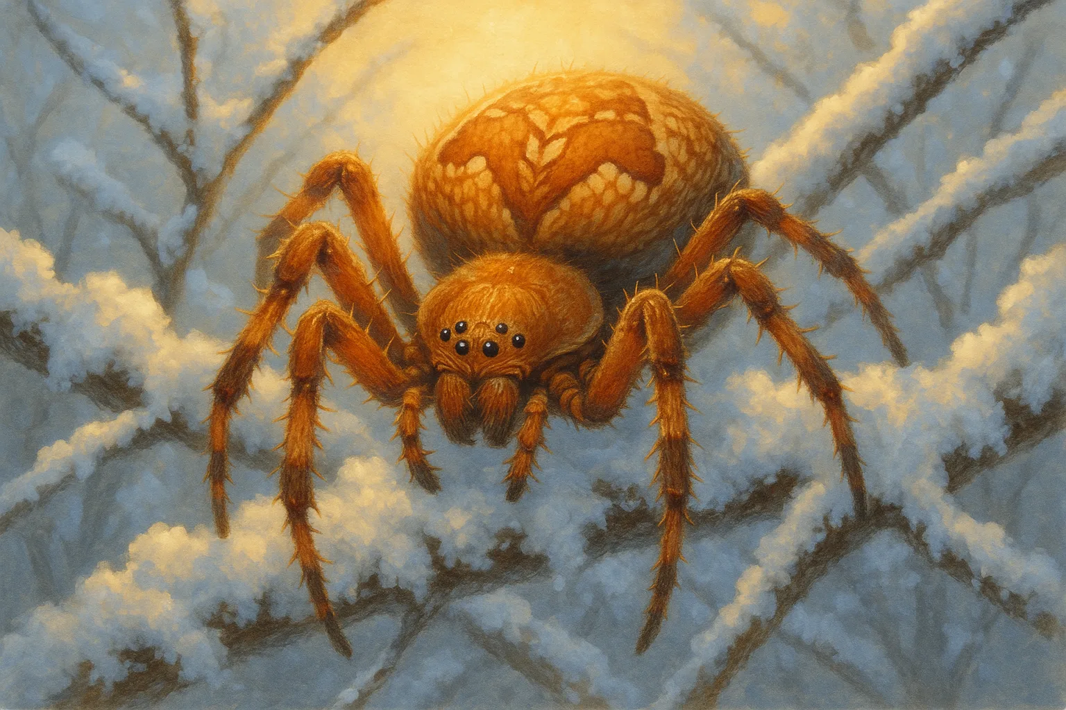 Surreal Barn Spider on Snowy Branches