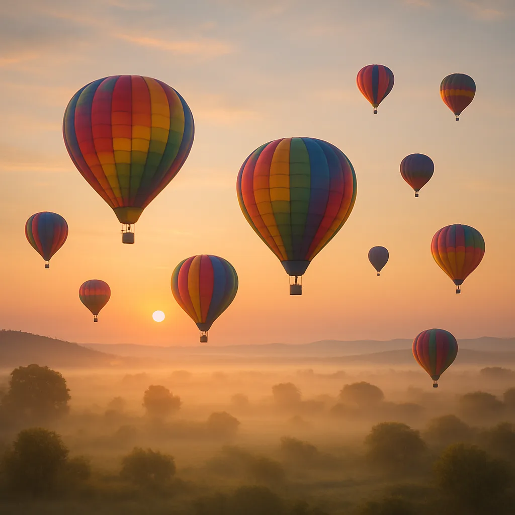 Several Vibrant Hot Air Balloons Drift Serenely in the Hazy
