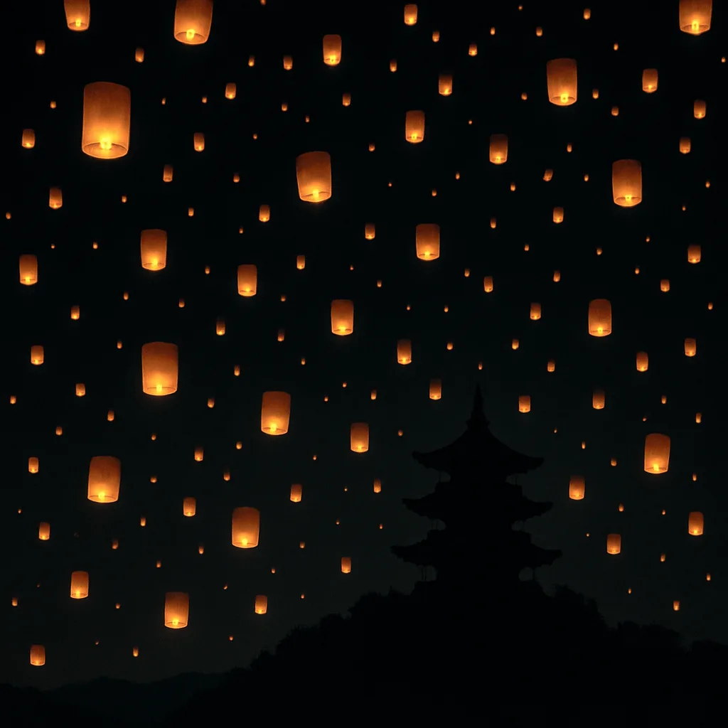 Innumerable Glowing Lanterns Ascend into a Dark Night Sky
