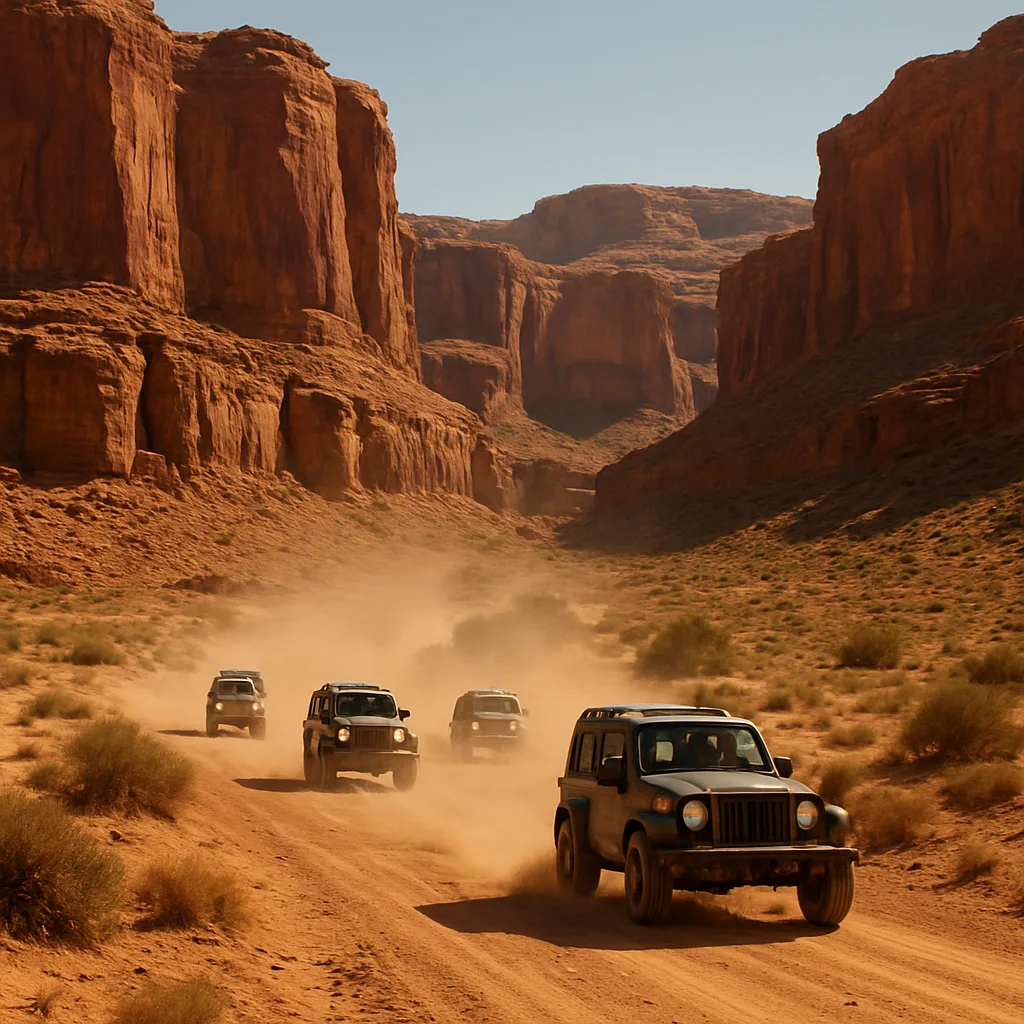 Small Convoy of Rugged Off-road Vehicles Kicks Up Dust