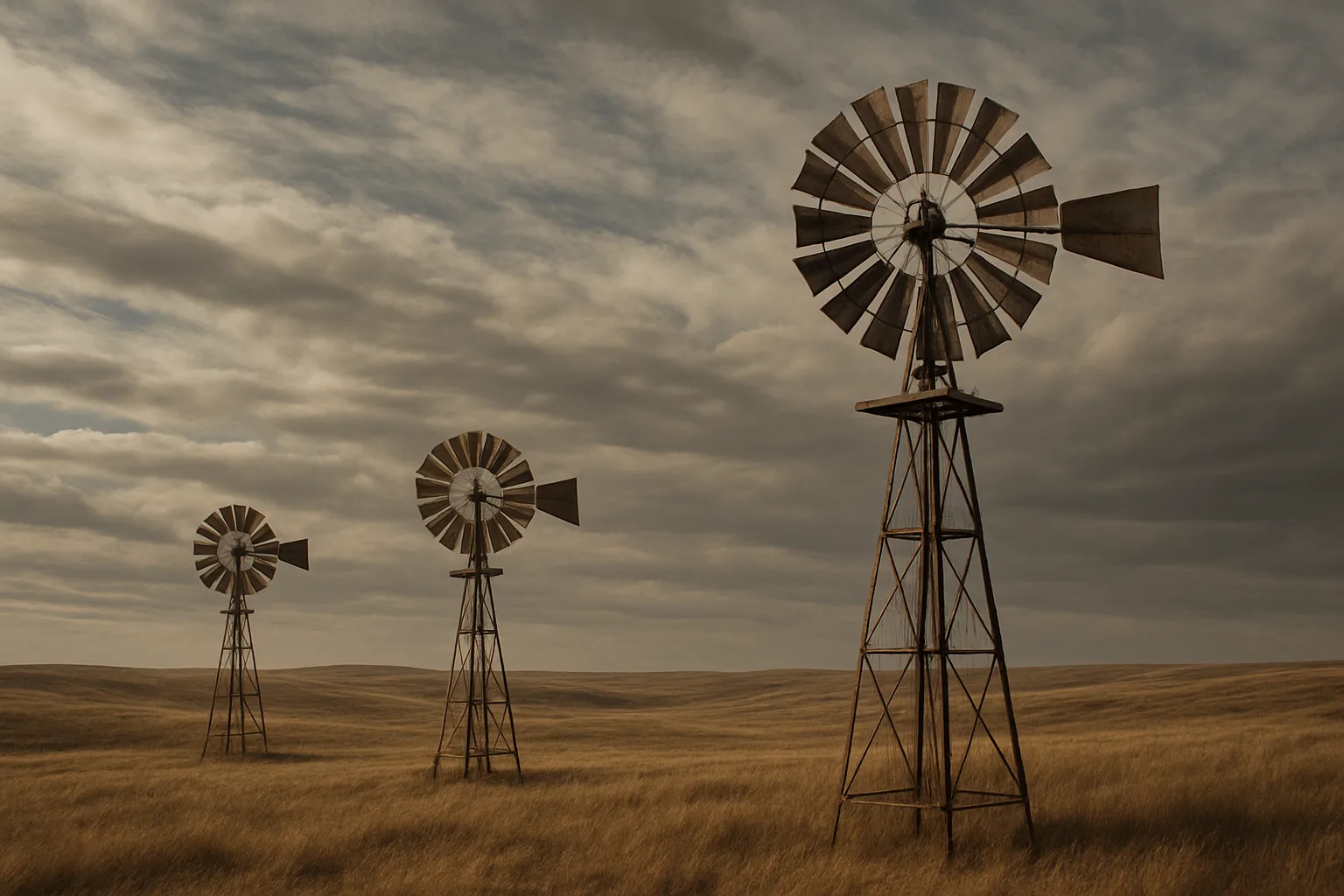Few Weathered Windmills Stand Sentinel on a Vast