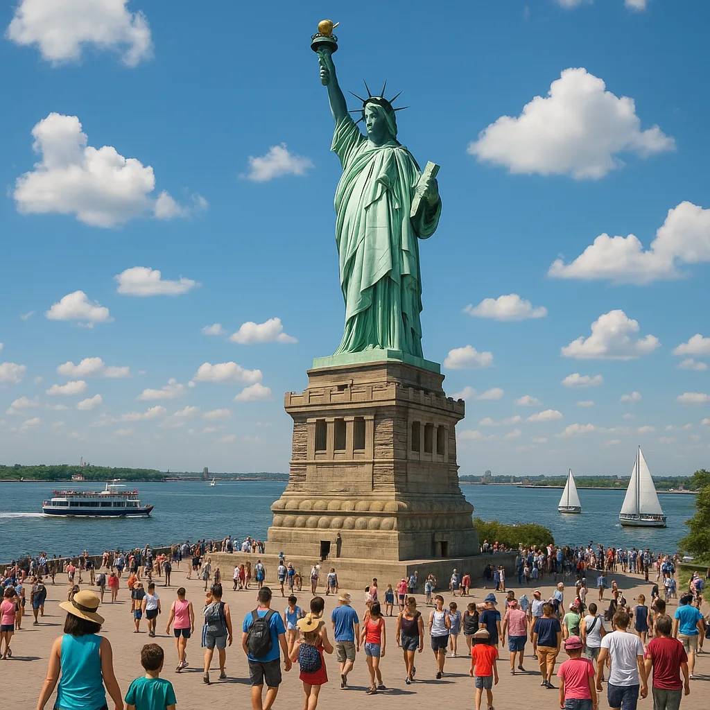 Crowds Bustling Around the Statue of Liberty on a Sunny