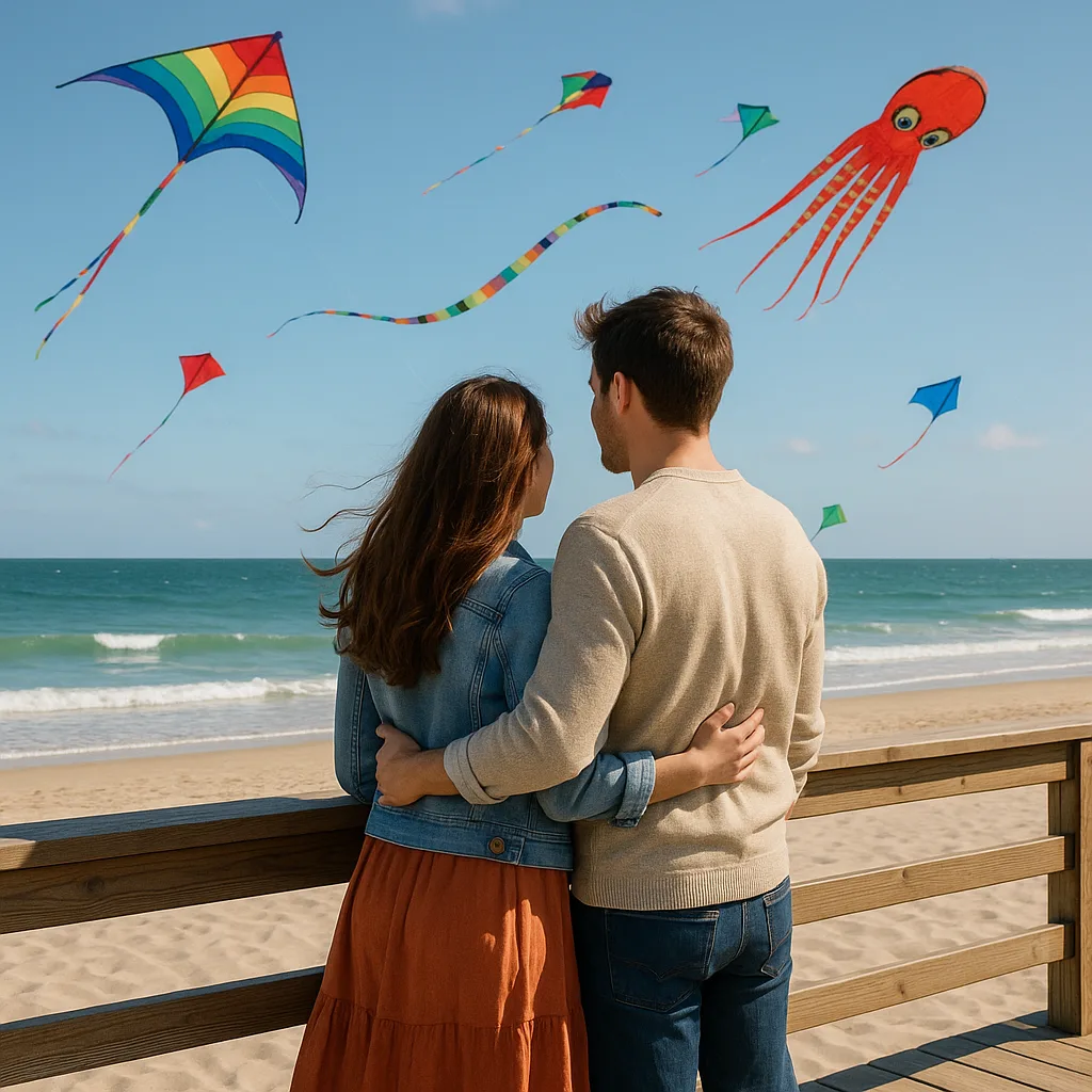 Couple Stands on a Wooden Boardwalk near a Beach