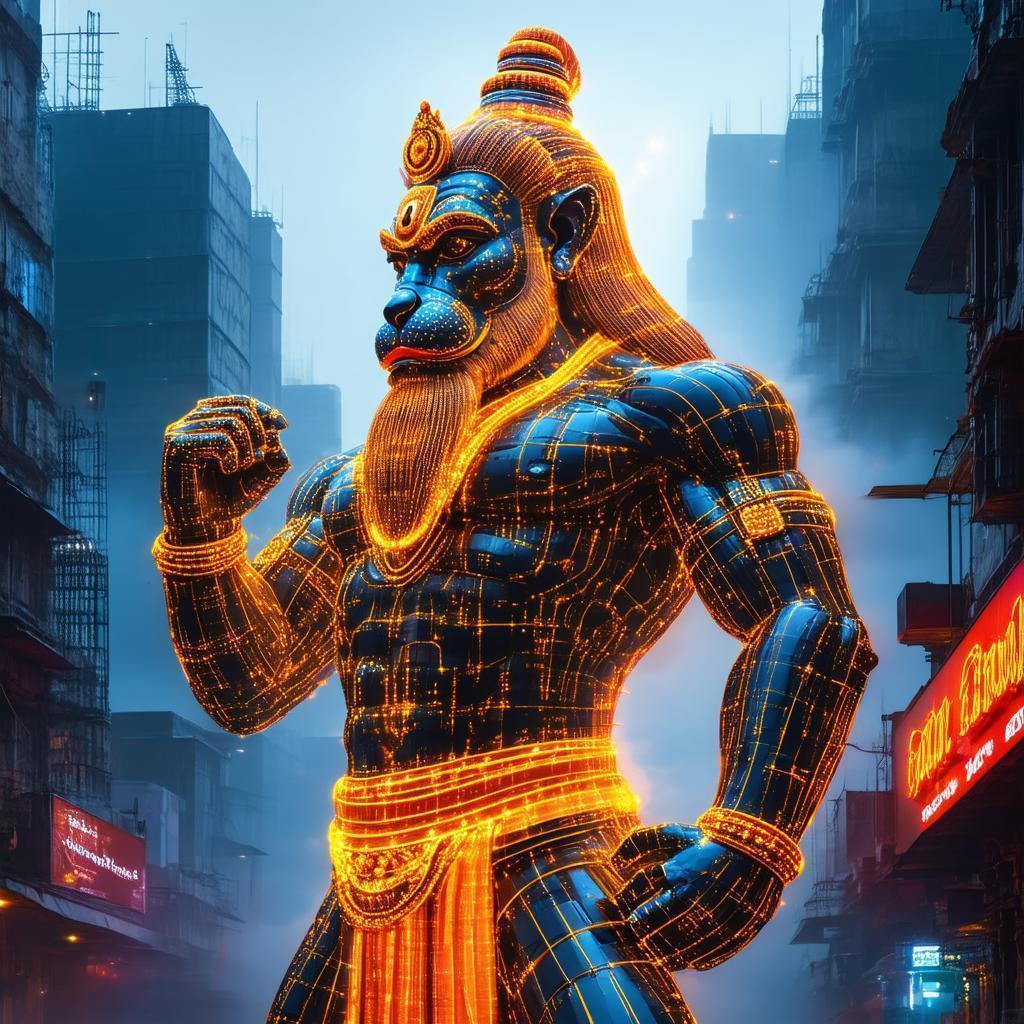Colossal Neon Hanuman Towering Over Future City
