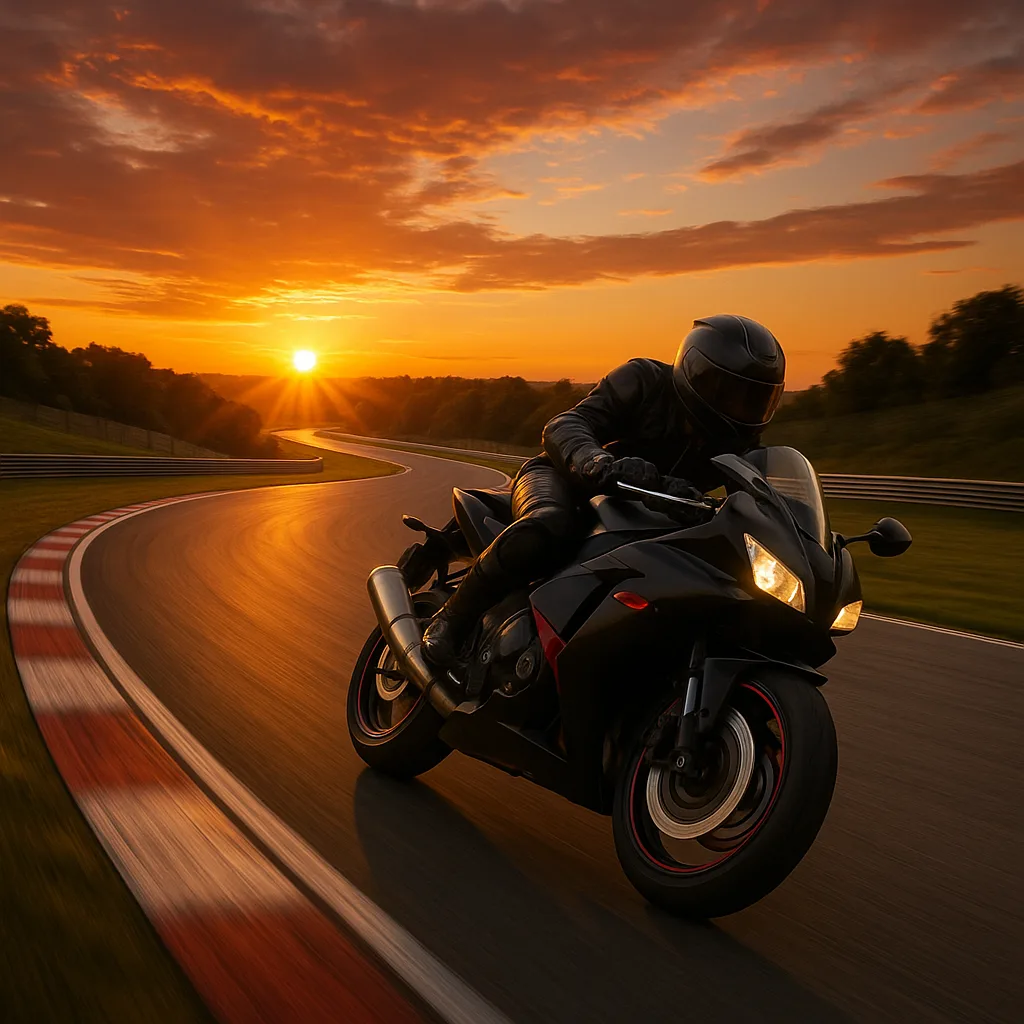 Motorcyclist Racing Swiftly Down a Curving Track