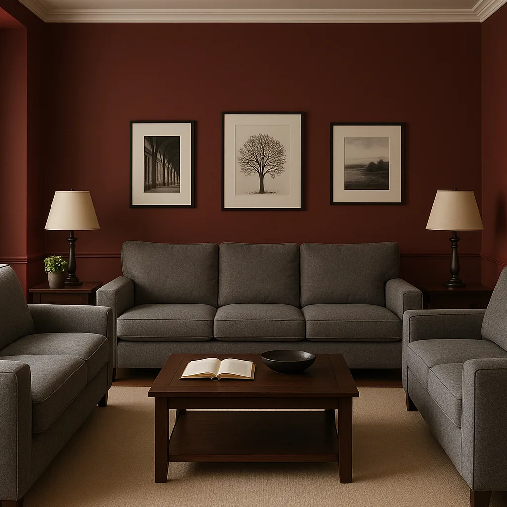 Burgundy-colored Living Room Featuring Gray Sofas