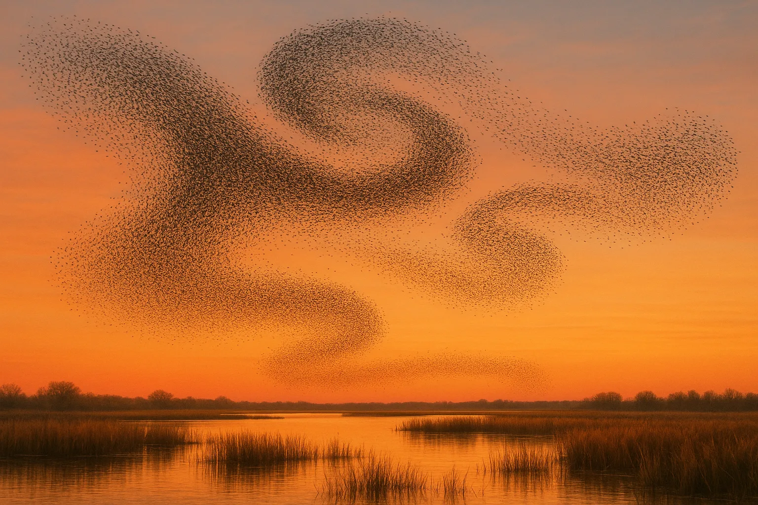 Vast Flock of Countless Starlings Creates Dynamic