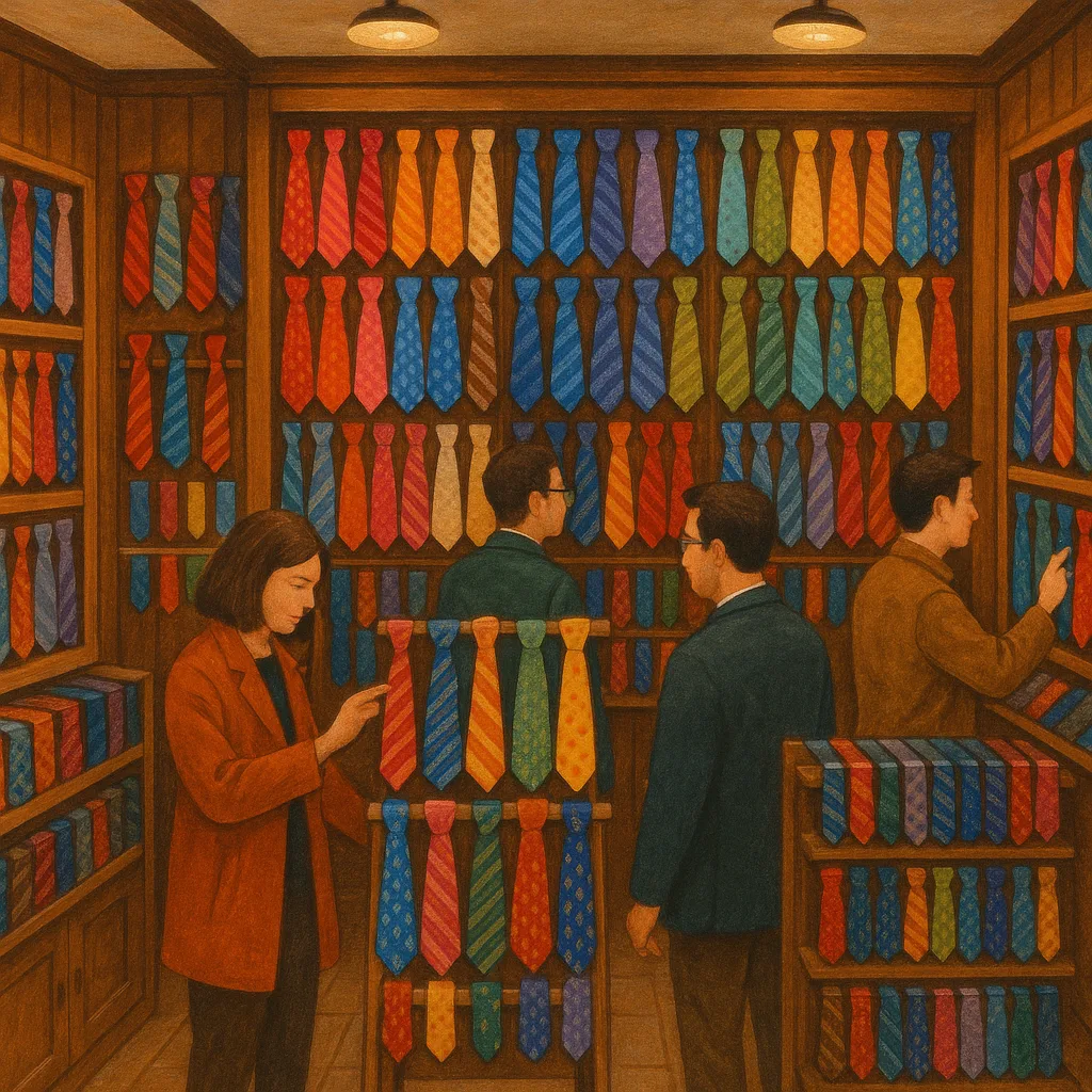 Small Tie Shop with Various Colorful Neckties Displayed on Walls