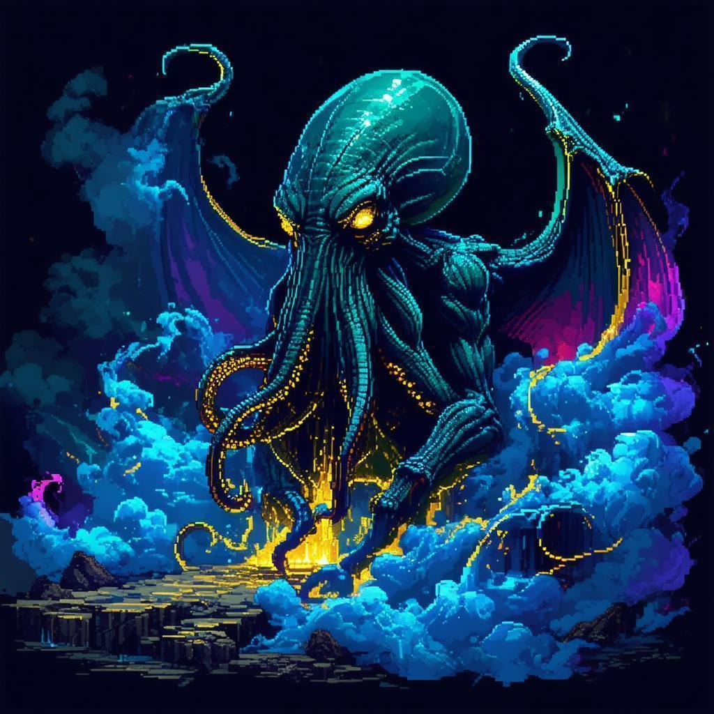 Pixel Cthulhu Wreathed in Swirling Colored Smoke