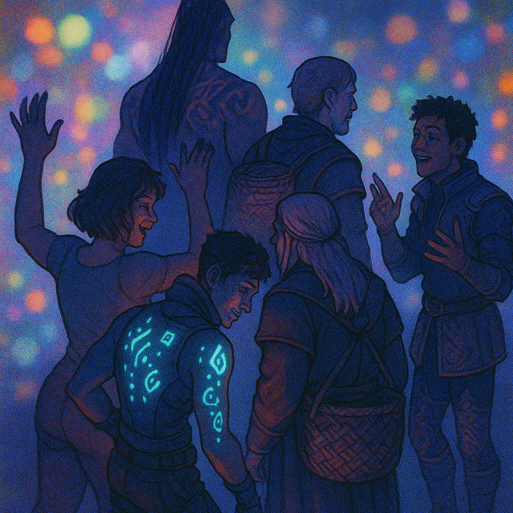 Six Diverse Figures Interact Within a Scene of Soft-focus Blurry
