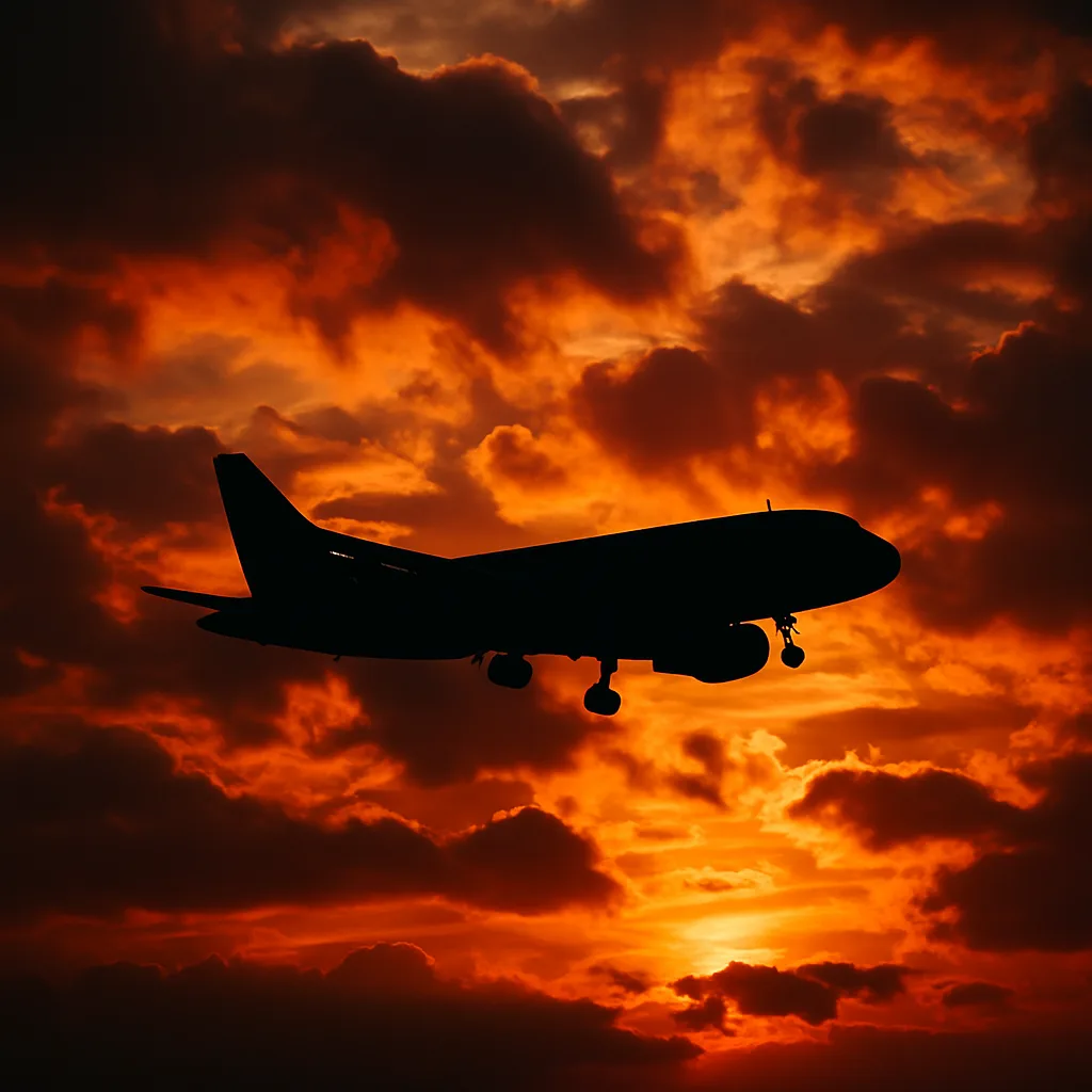 Silhouette of an Airplane Flying Against Dramatic