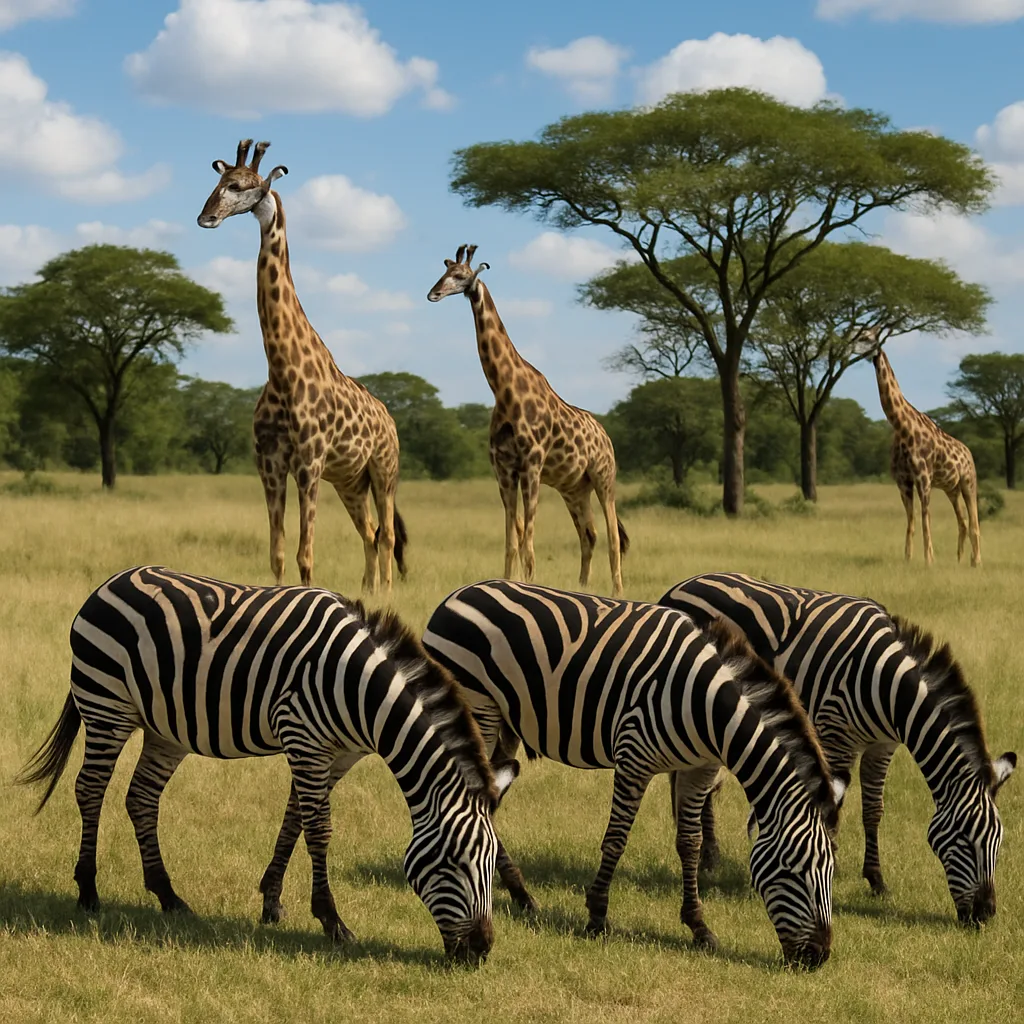 Zebras Grazing in a Grassy Open Field with Giraffes