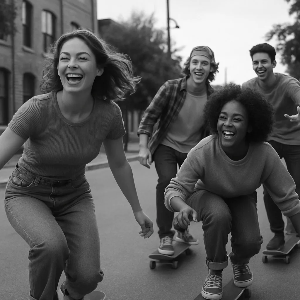 Monochromatic Depiction of Friends Skateboarding Together