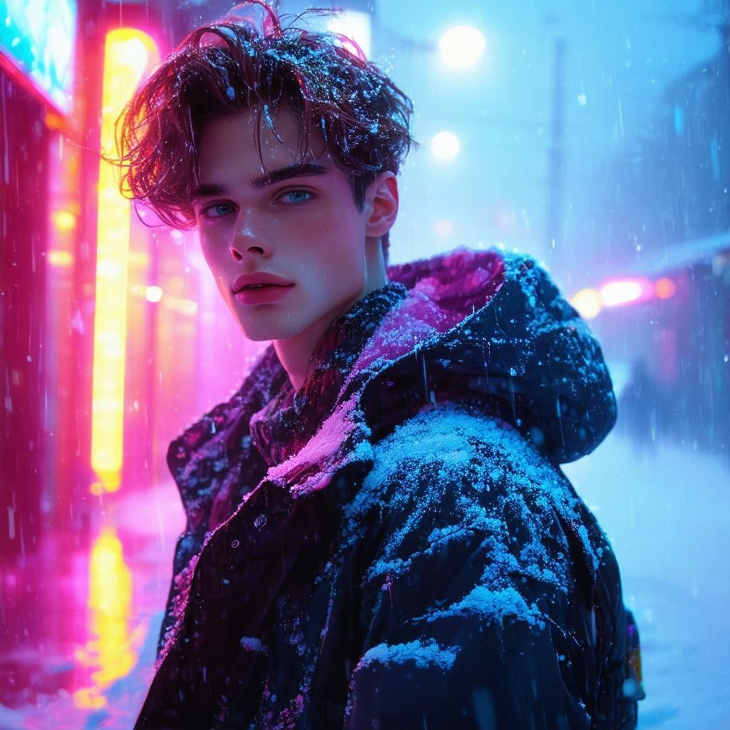Wavy Haired Wanderer in a Neon Snowstorm