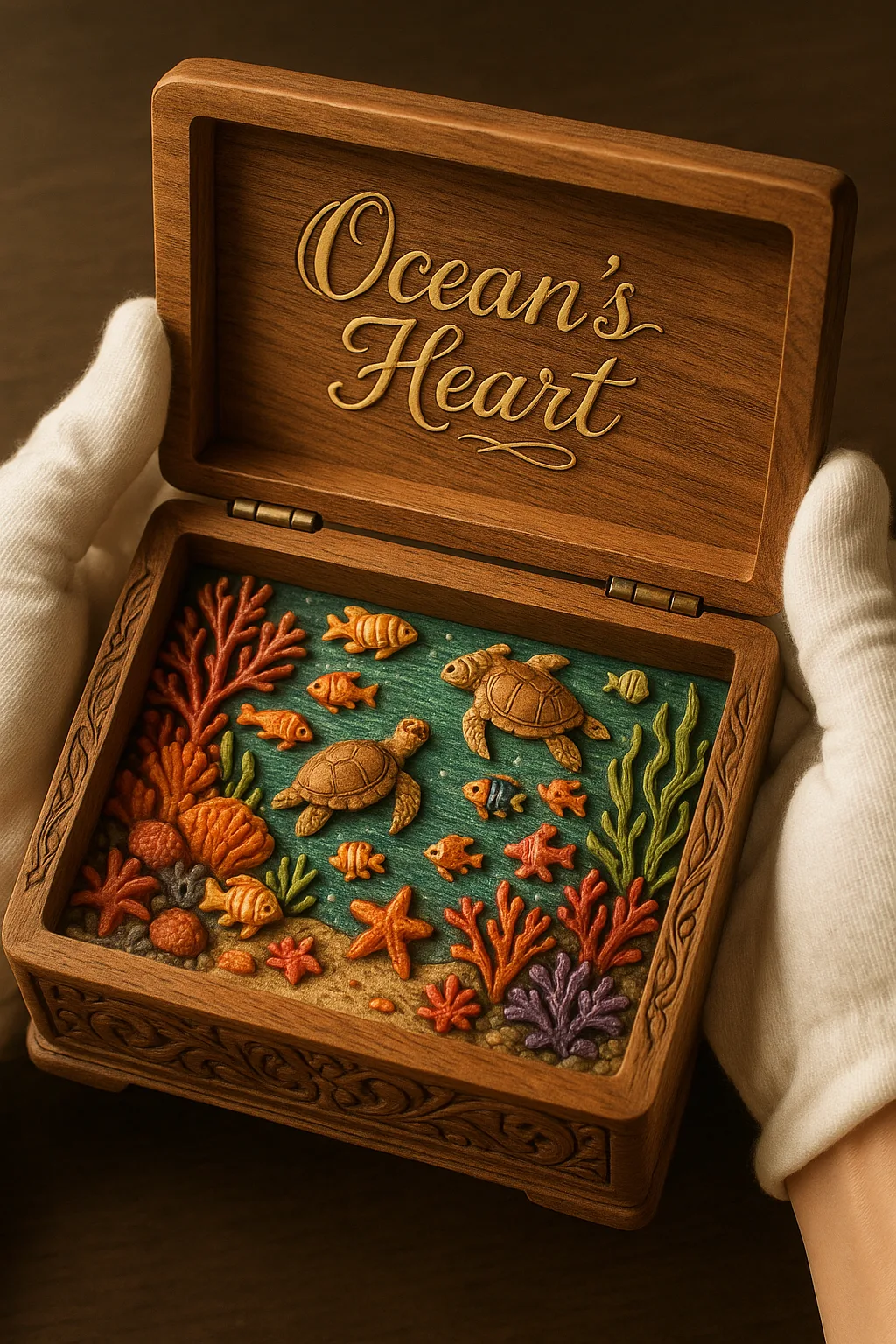 Intricately Detailed Overhead Photo Captures a Hand-carved Wooden Jewelry Box