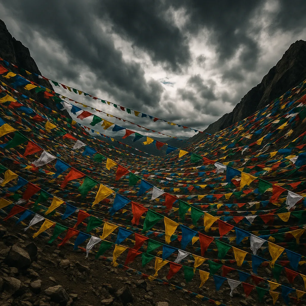 Thousands of Colorful Prayer Flags Flutter Violently on a High