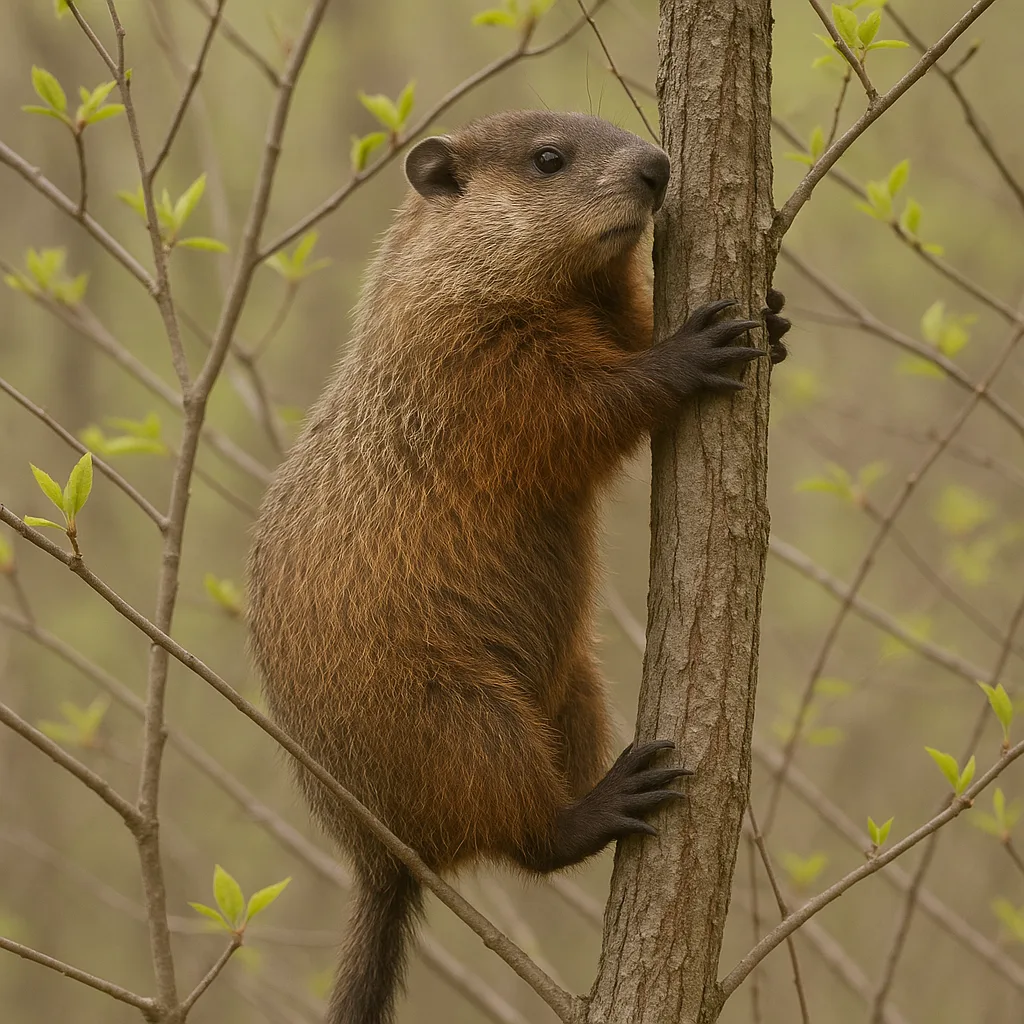Groundhog Climbing a Tree Surrounded by Thin Branches