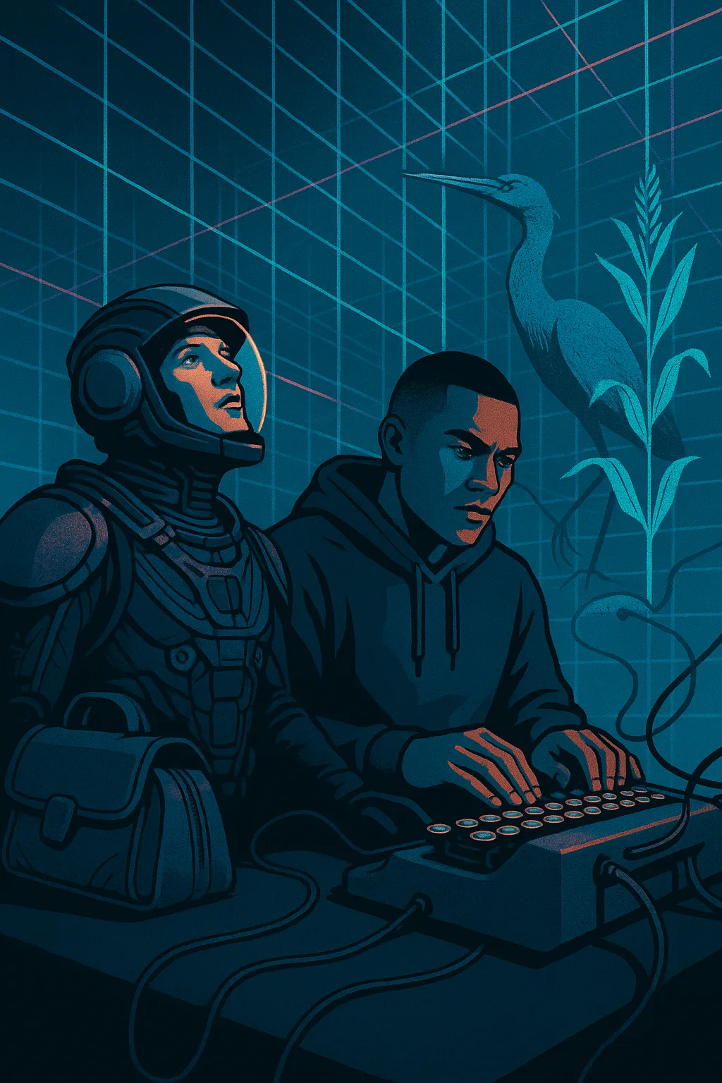 Technologist CEO in Intricate Far-future Science Fiction Attire