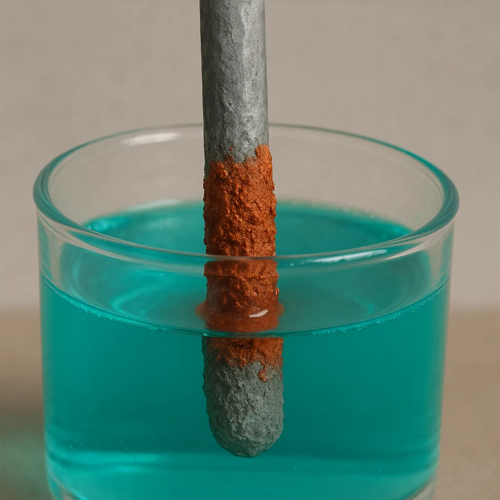 Plain Lead Rod Immersed in a Blue-green Copper Nitrate Solution