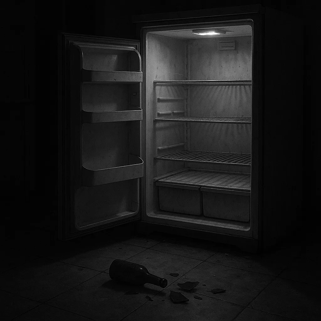 Desolate Grayscale Nighttime Setting Showcasing an Abandoned Fridge