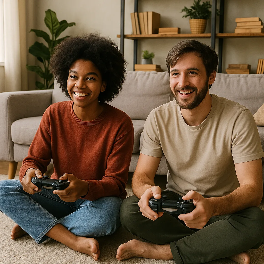 Two People Sitting on a Carpeted Floor