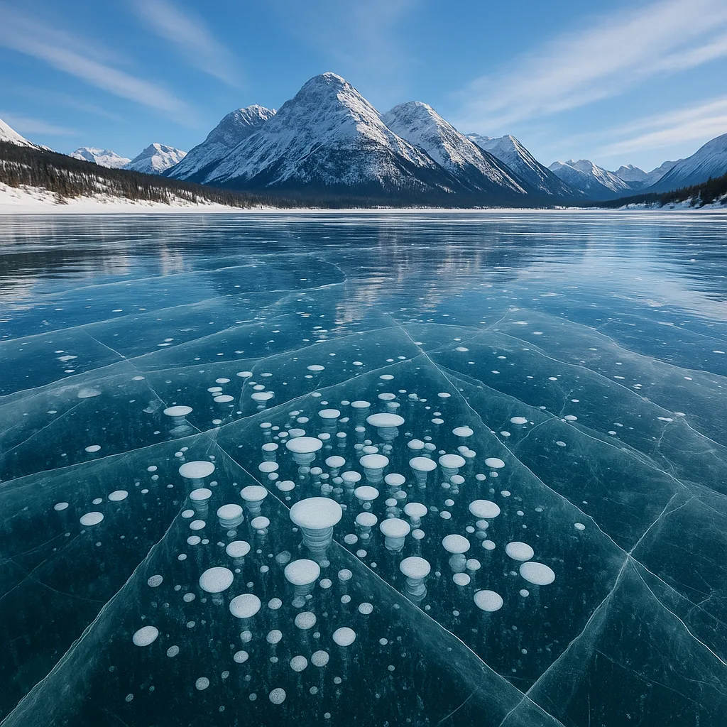 Frozen Lake with Clear Ice Revealing Trapped White Bubbles