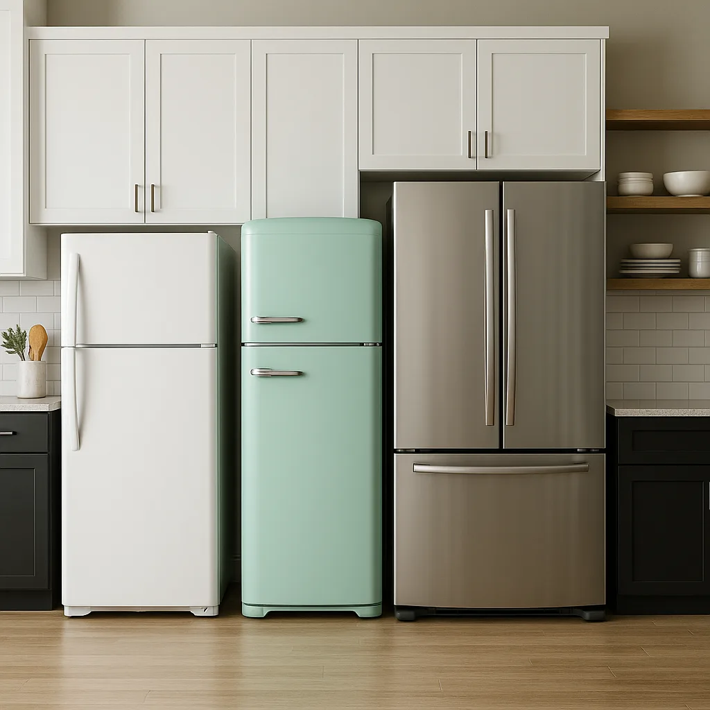 Three Uniquely Designed Refrigerators Placed in a Contemporary Kitchen Environment
