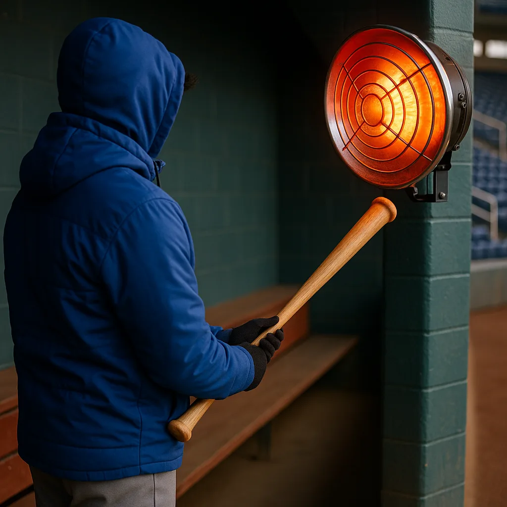 Person in a Blue Jacket Warming a Baseball Bat