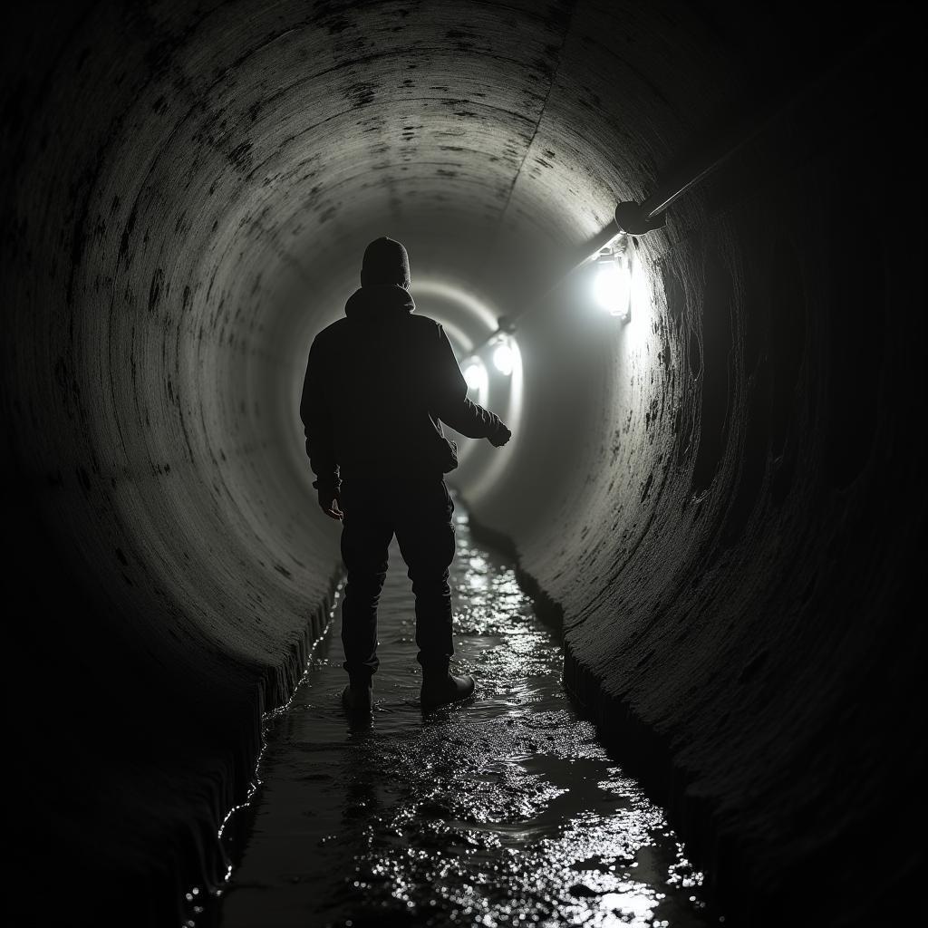Torchlit Adventurer Wades a Brackish Sewer Tunnel