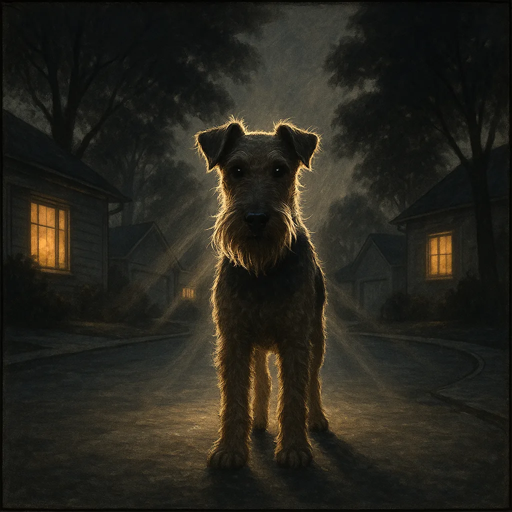 Peaceful Cul-de-sac at Dusk Reveals a Single Airedale