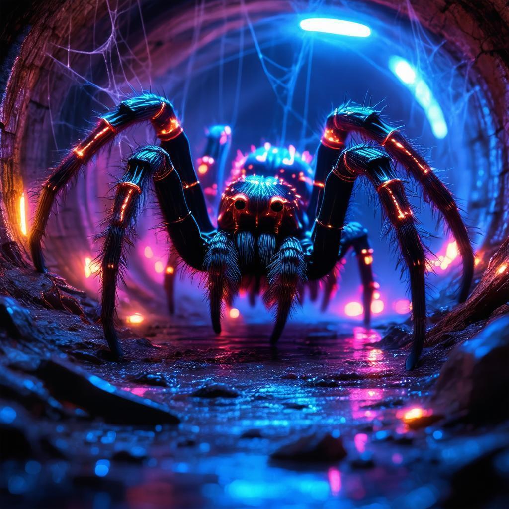 Neon Tarantula Looming in a Cybernetic Tunnel