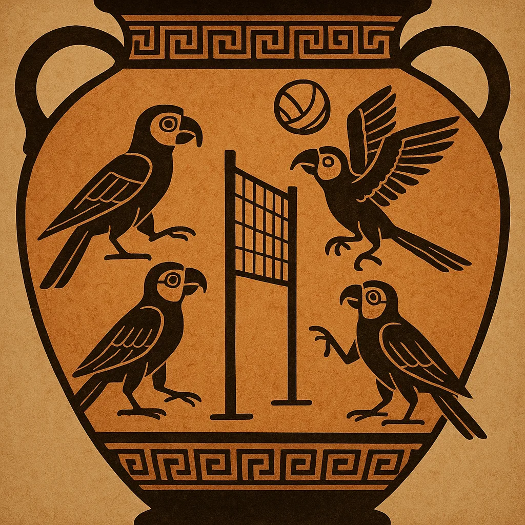Ancient Greek Amphora Painting Illustrating Parrots Playing Volleyball