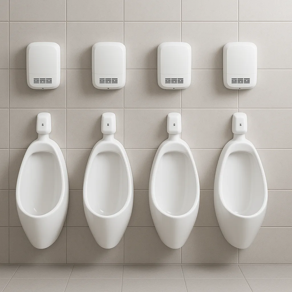 Row of Modern White Urinals Mounted on a Tiled Wall