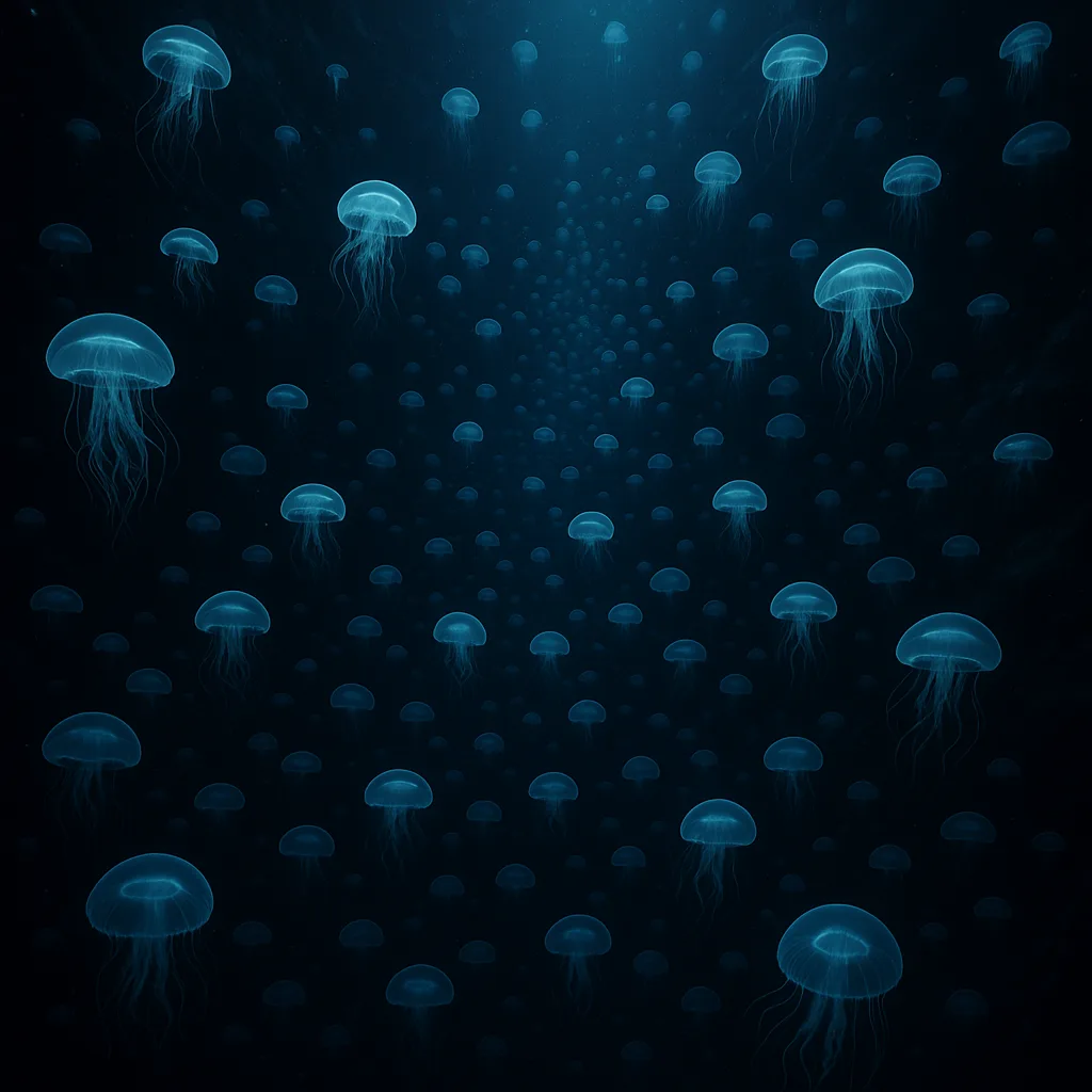 Vast Swarm of Bioluminescent Jellyfish Drifts