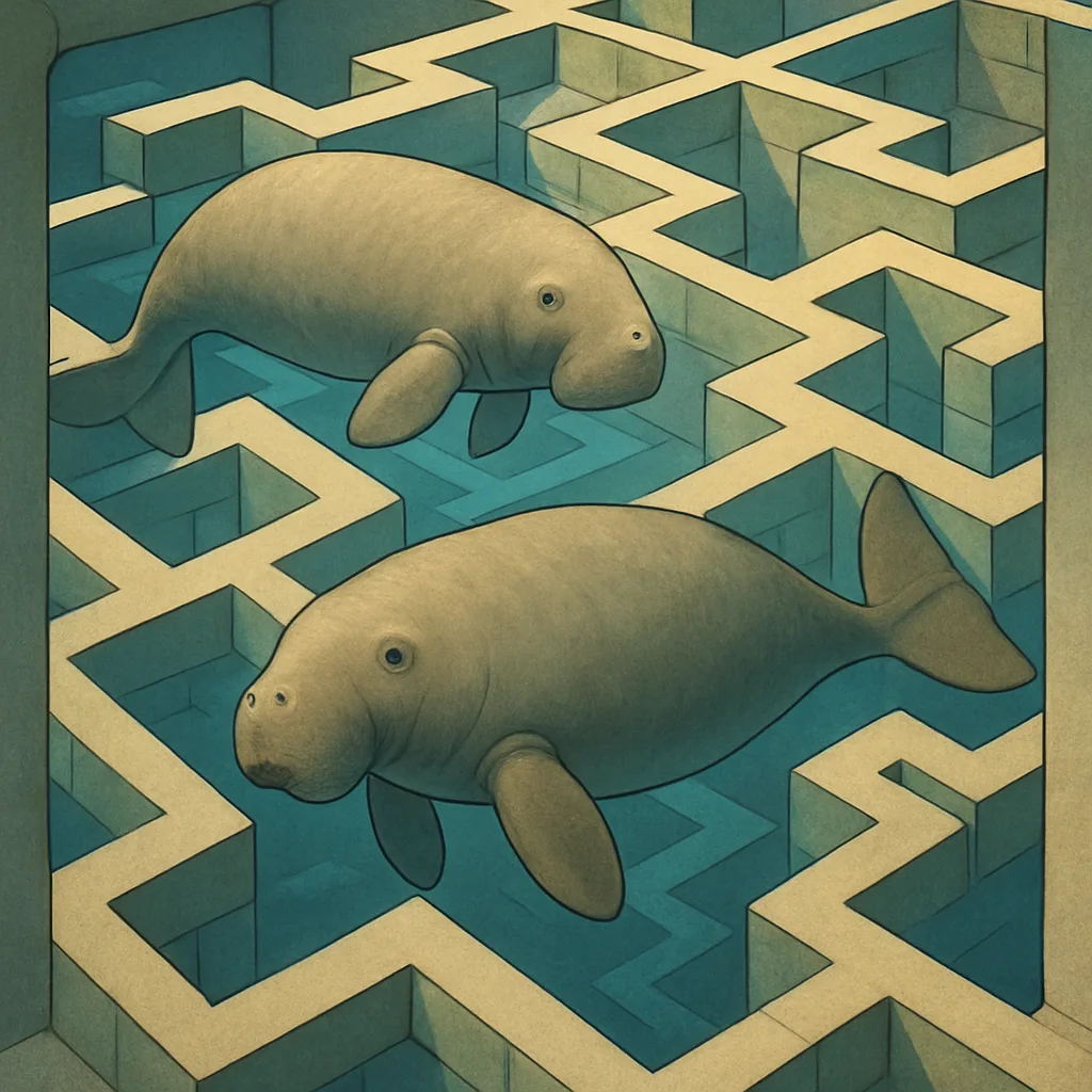 Two Varied Dugongs Drift Through a Brightly Lit