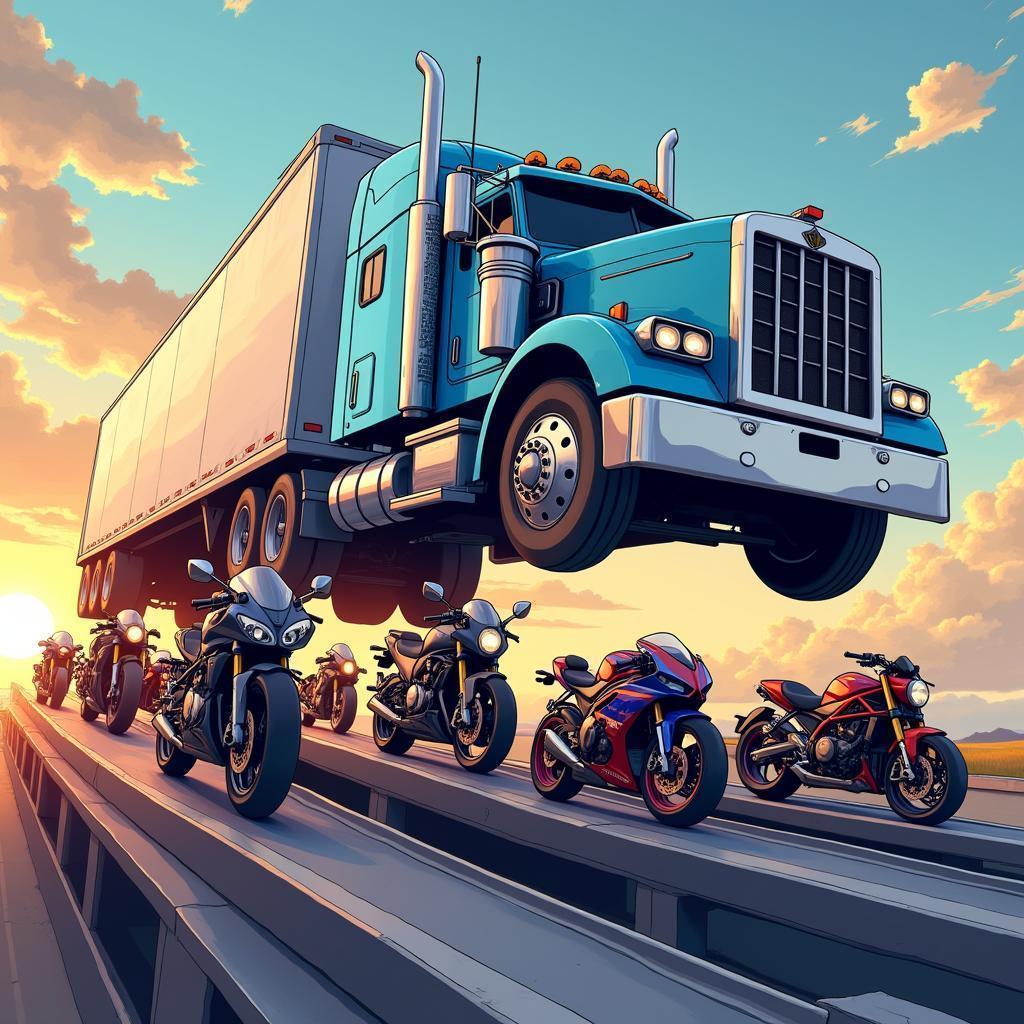 Blue Semi Truck Soars Over Gleaming Motorcycles