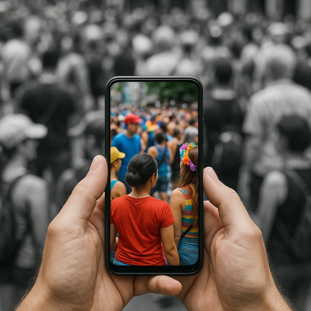 Person Holding a Smartphone Captures a Colorful Scene of People