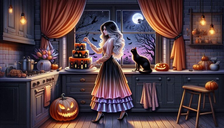 Halloween Kitchen with Cake and Black Cat