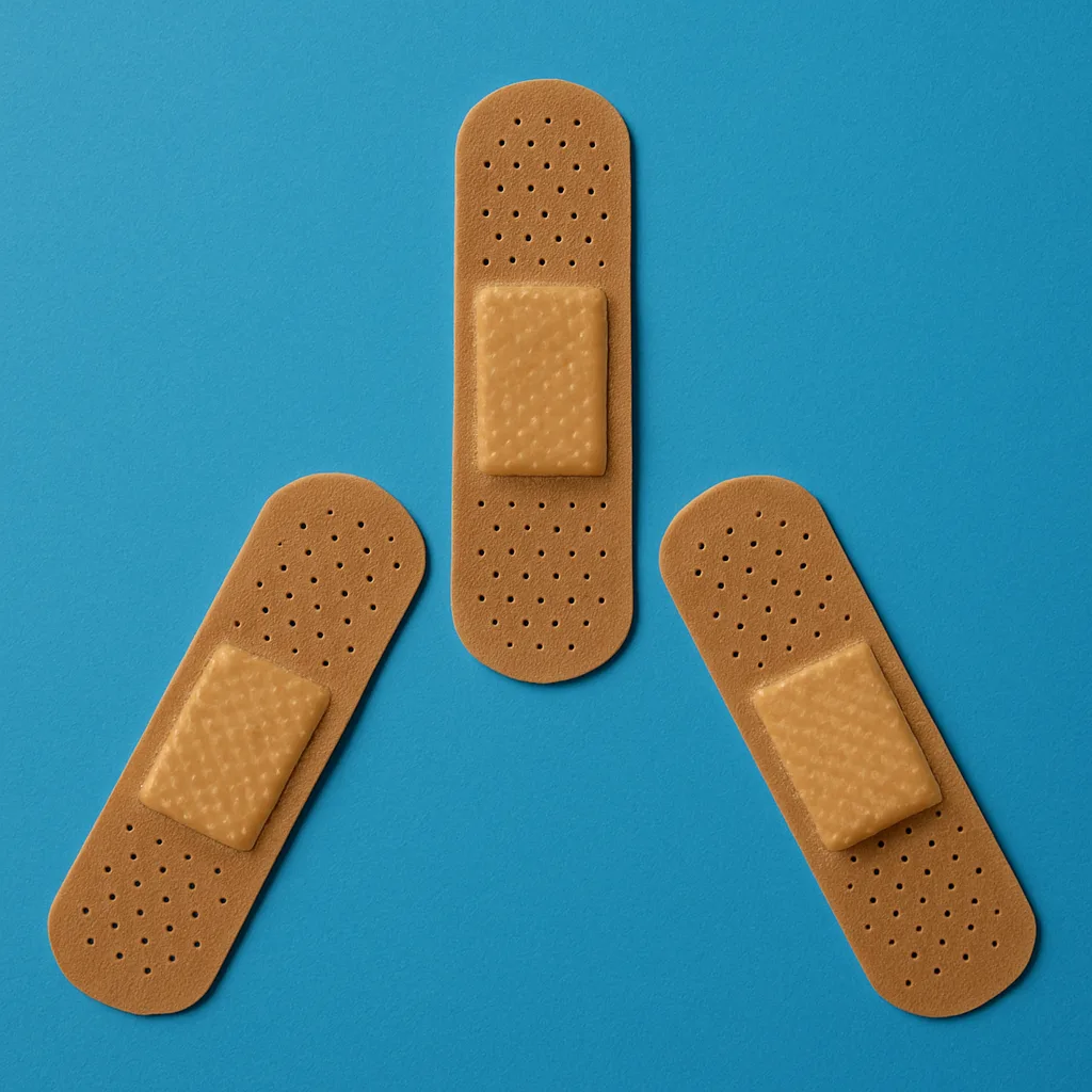 Three Brown Adhesive Bandages Arranged in a Triangular Formation