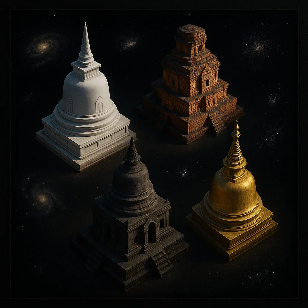 Off-center Cosmic Stage Reveals Four Distinct Stupas