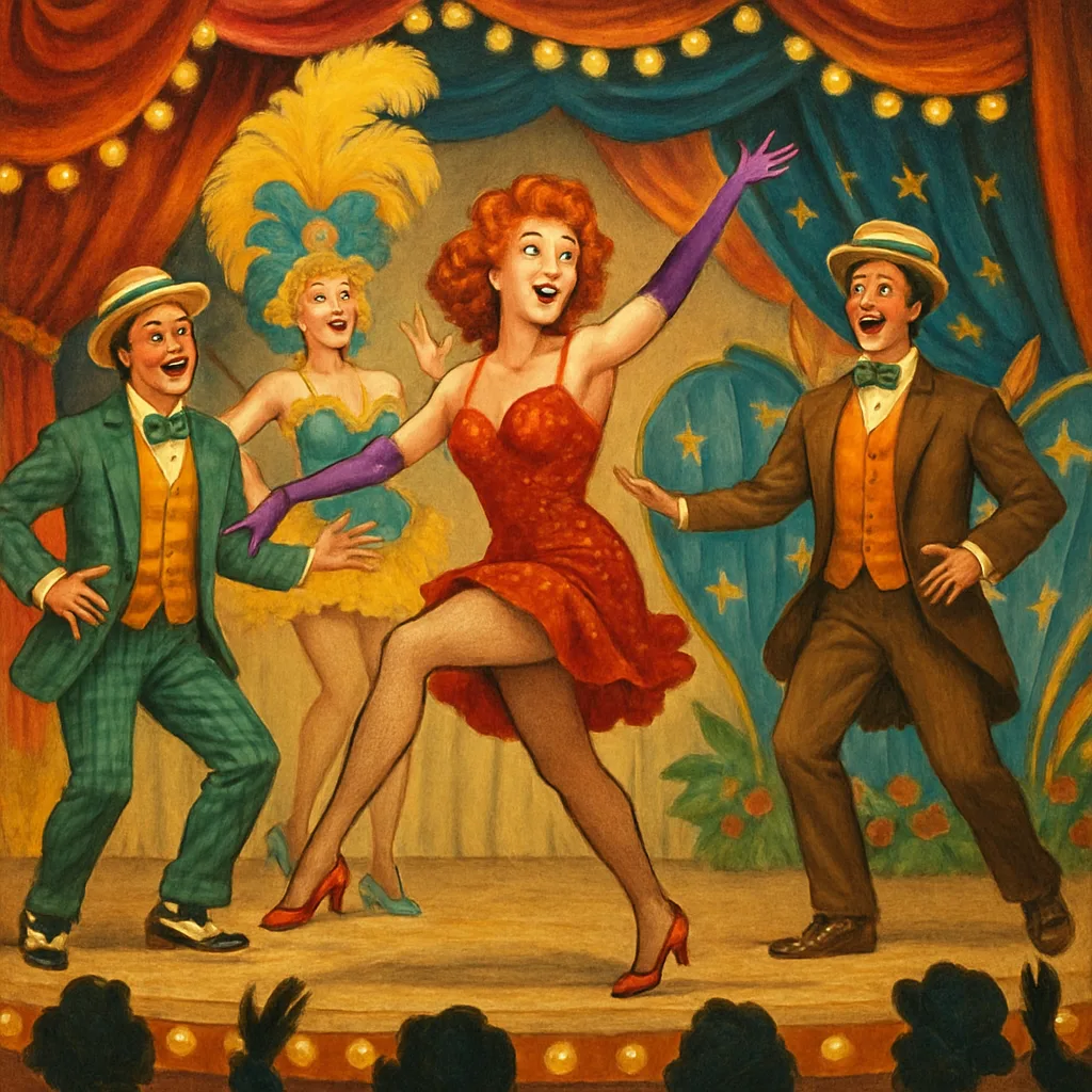 Energetic Vaudeville Performance Features Entertainers in Vibrant Outfits