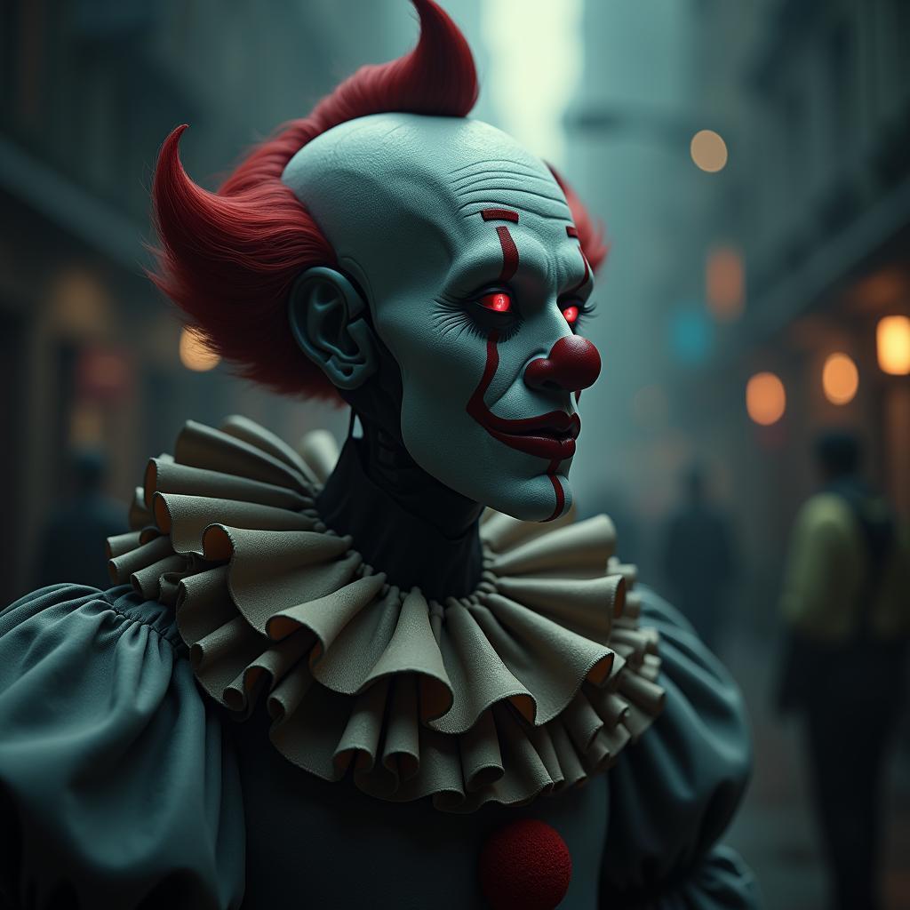 Cinematic Robot Clown in Moody Film Grain
