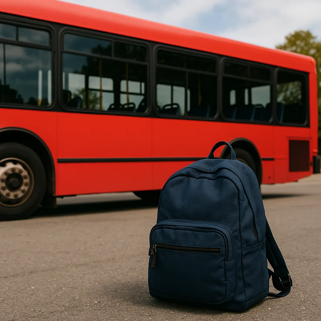 Picture Showing a Bright Red Bus Parked to the Left