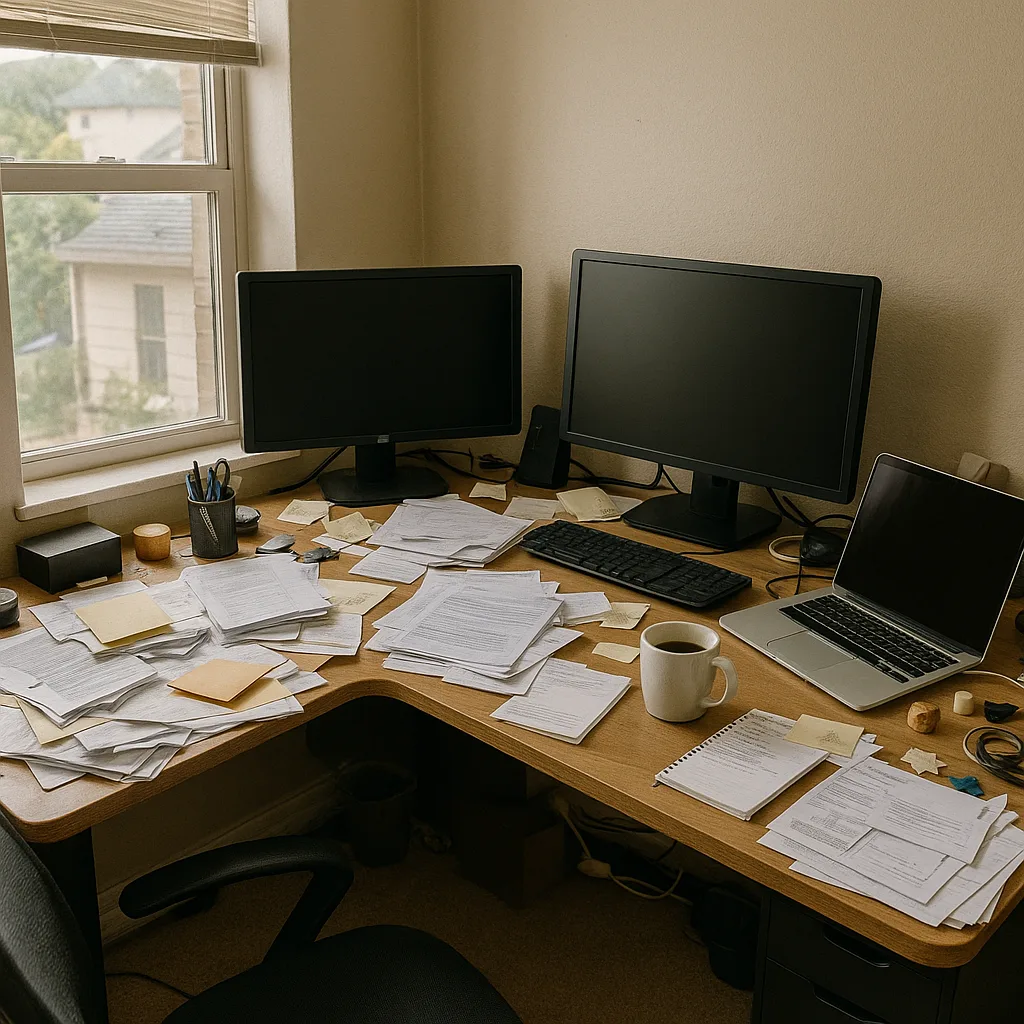 Cluttered Home Office with Two Computer Monitors