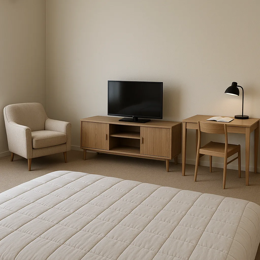 Neatly Made Bed Adorned with a Quilted Duvet Rests