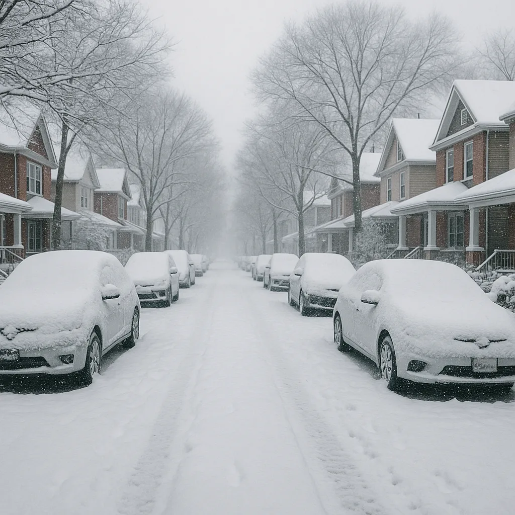 Residential Street in Winter with Parked Cars Covered in Snow
