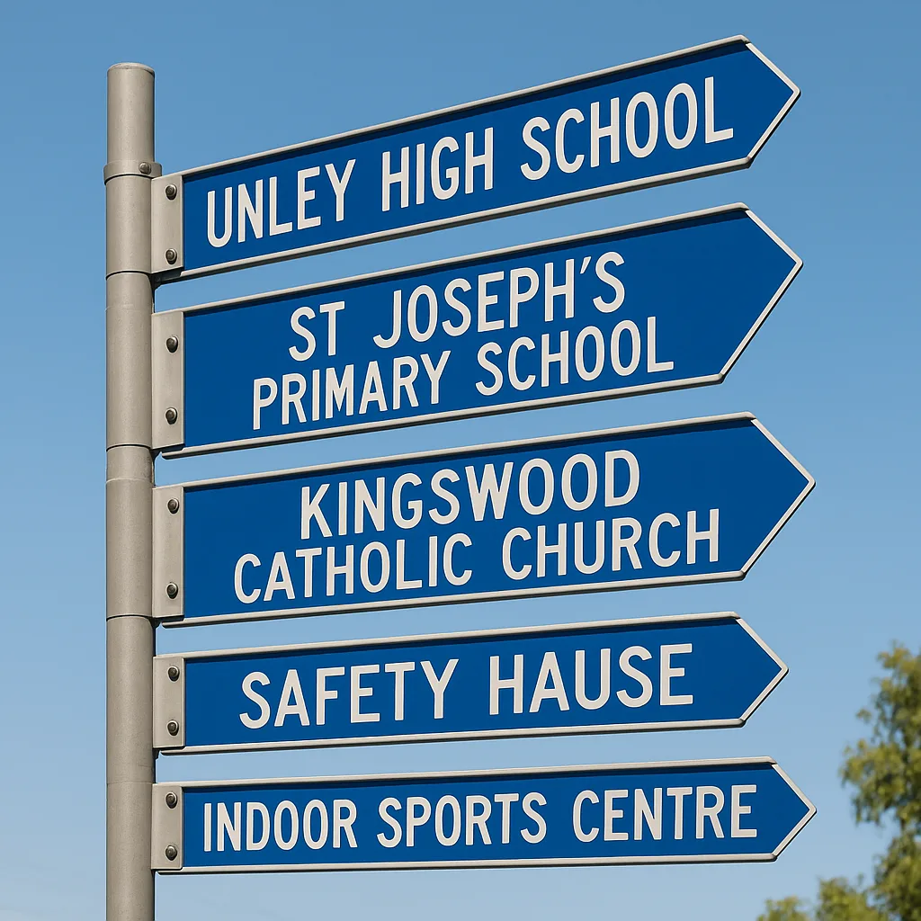 Pole with Multiple Directional Signs Pointing to Locations Like Unley