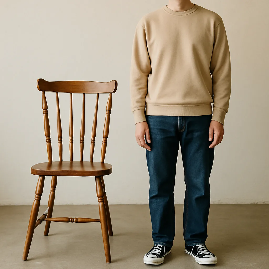Picture Showing a Person Positioned Beside a Wooden Chair