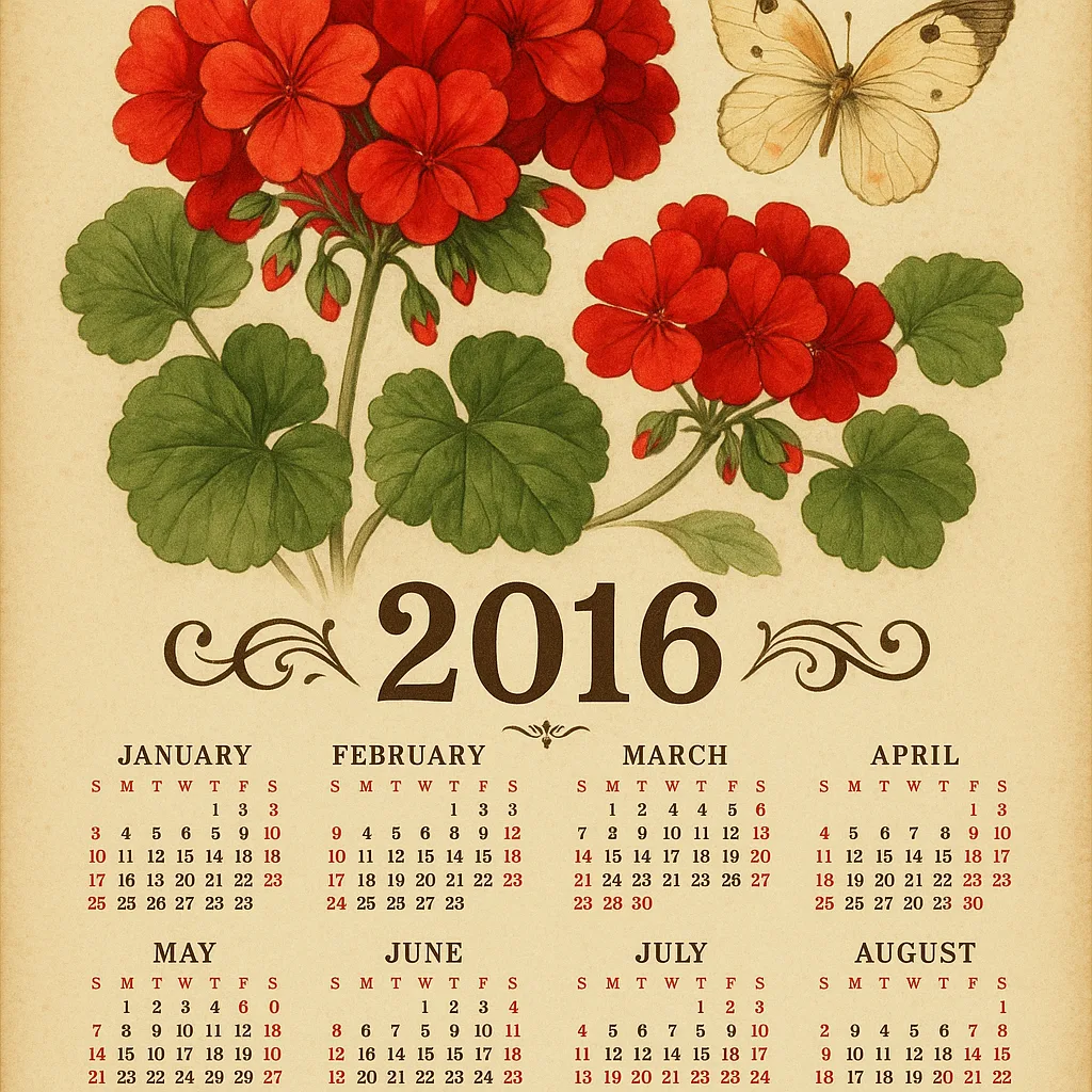 Floral-themed 2016 Calendar Featuring Red Geraniums