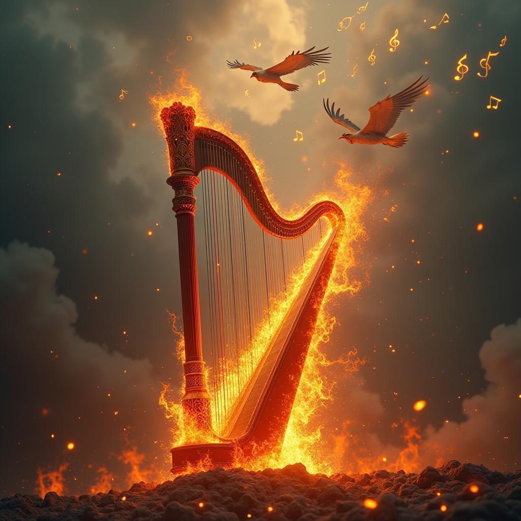 Burning Digital Harp Beneath Soaring Cranes